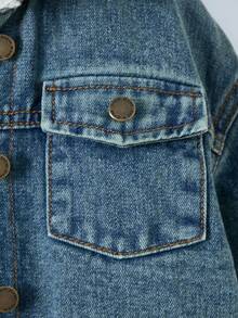 Young Girl' Blue Denim Fleece Lined Loose Fit Long Sleeve Short Jacket,Adding Fleece And Thickening For Warmth   Jacket Fall Winter