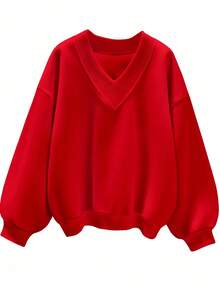 SHEIN EZwear Plus Size Women Casual Solid Color V-Neck Plus Size Loose Sweatshirt, Suitable For Halloween And Christmas In Fall/Winter - Red - View 1