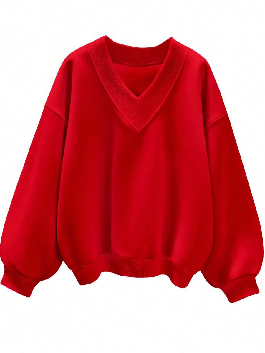 SHEIN EZwear Plus Size Women Casual Solid Color V-Neck Plus Size Loose Sweatshirt, Suitable For Halloween And Christmas In Fall/Winter - Red - View 1