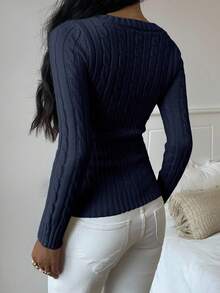 SHEIN EZwear 女士休闲小熊刺绣毛衣，秋冬季藏蓝色毛衣，带泰迪熊贴片，女士舒适秋冬服装 - 藏蓝色 - 查看 2