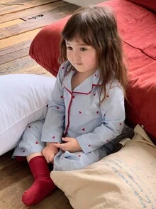 DAZY 2 件套女婴休闲心形圆点印花翻领长袖衬衫和宽松长裤睡衣套装