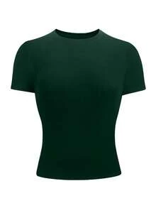 INAWLY 橄榄绿加大码女式修身圆领 T 恤 - 墨綠色 - 查看 3