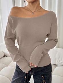 SHEIN SXY Women's Solid Asymmetrical Neckline Casual Long Sleeve Red Sweater Casual Party Elegant Home Sexy Autumn Winter Leisure Christmas Halloween New Year Asymmetrical Top Boat Neck Top Off Shoulder Sweater,Fall Off The Shoulder Long Sleeve,Cozy Fall And Winter Clothes For Women