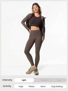GLOWMODE Leggings de cintura alta sin costura frontal de 26" Softy Velvaire con bolsillos laterales, para yoga de bajo impacto, pilates, uso diario y casual - Marrón - Ver 7