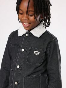 SUMWON Cotton Kids Sherpa Lined Denim Trucker Jacket Winter Fashion Outerwear With Patch Pockets Classic Casual Jean Coat Streetwear Seasonal Outerwear - Black - View 4