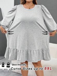 SHEIN CURVE+ Plus Size Casual Loose Gray Round Neck 3/4 Sleeve Ruffle Hem Sweatshirt Dress, Women Autumn Dress,Fall Clothes For Women/Autumn /Winter - Grey - View 7