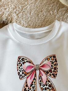 SHEIN Baby Girl White Crew Neck Sweatshirt With Leopard Print & Bow Graphic, Cute & Casual - White - View 6