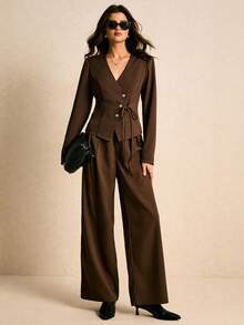 Poéselle 女士优雅 V 领系带上衣和裤子两件套 - 棕色 - 查看 8