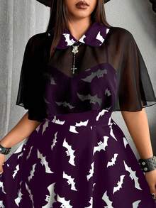 Whyspr 2 pièces/set Robe camisole élégante gothique avec imprimé chauve-souris et étole en mousseline, tenue de cosplay pour fête d'Halloween - Prune - Voir 3