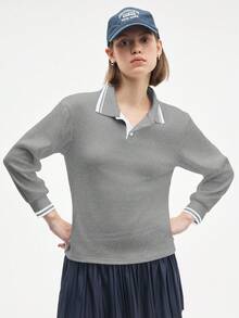 Gameset SHEIN Sport 女式条纹长袖休闲健身运动 Polo 衫 - 灰色 - 查看 1