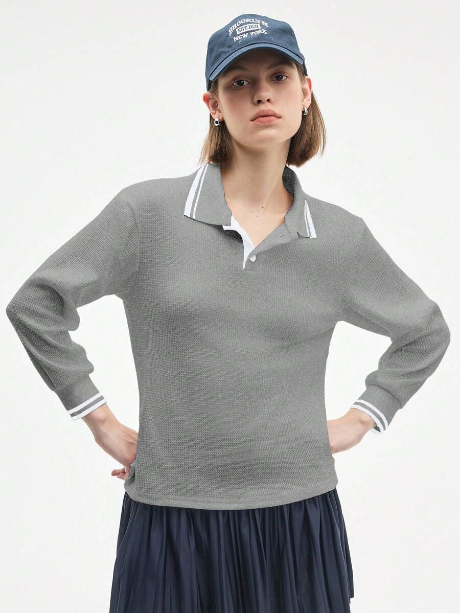 Gameset SHEIN Sport 女式条纹长袖休闲健身运动 Polo 衫 - 灰色 - 查看 1