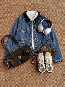 Attitoon Women's Autumn Contrast Color Lapel Raglan Sleeve Single-Breasted Casual Denim Coat Retro Jean Coat Street Casual Contrast Lapel Multi-Pocket Loose-Fit Denim Coat Women's Winter Coat New Year Casual Coats For Women - Medium Wash - View 8