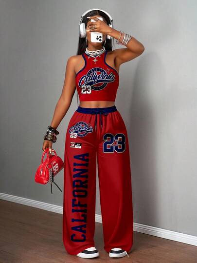 Slaydiva 2pcs/Set Women Casual Street Style Tight Camisole And Loose Fit Pants Outfit, Suitable For Street Wear