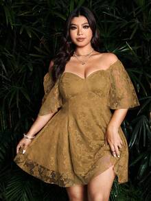 Flirla Plus Size Casual Solid Color Waist Cinched Short Sleeve Lace Dress - Brown - View 6