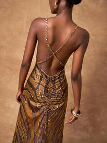 Zivah 2025 夏秋新款，适合生日派对、返校、校园风、日常穿着、休闲、邮轮旅行、海滩、日光浴、时尚、街头风、优雅、通勤、商务休闲、派对、宴会等场合，金属链条肩带可调节长度，性感露背，褶皱设计，修身剪裁，斑马纹印花长裙 - 彩色 - 查看 2