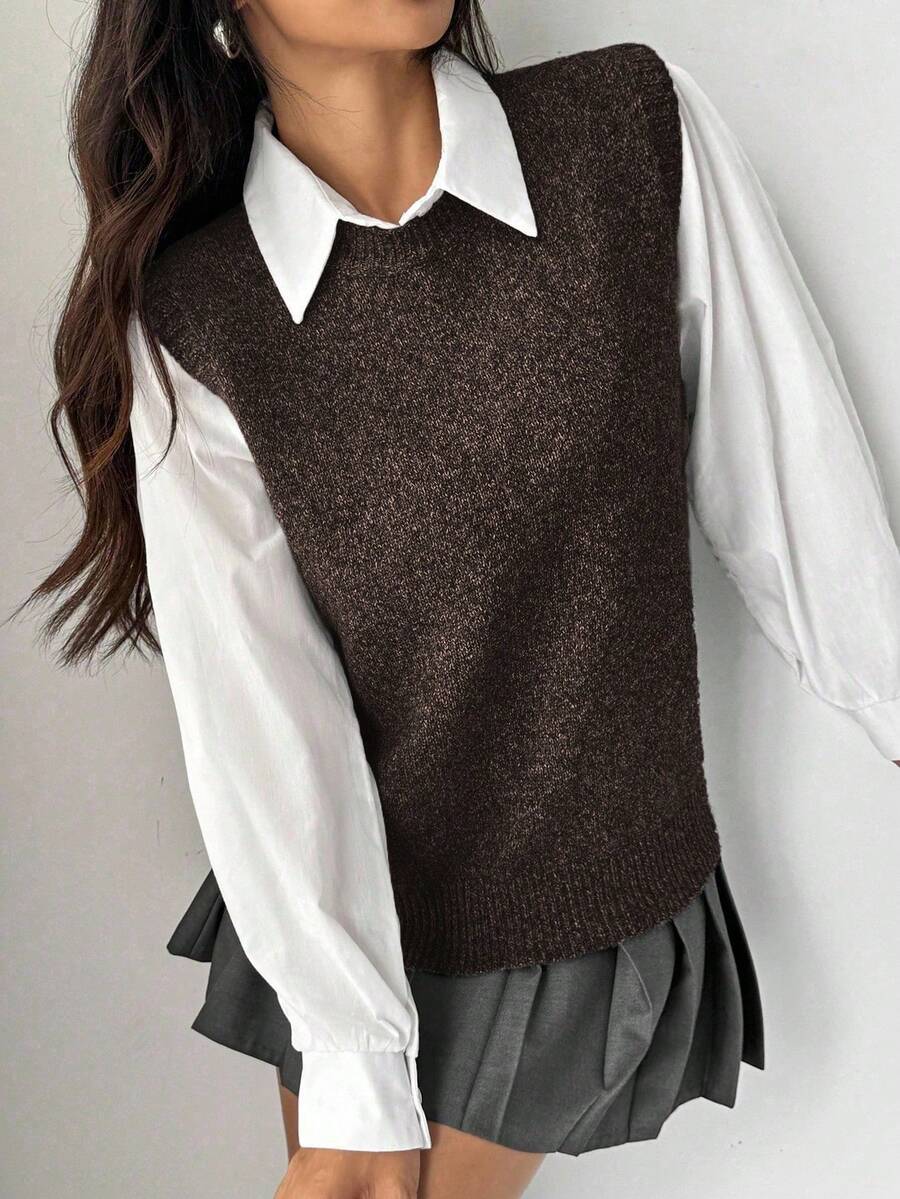 Chiquease Women's Casual Versatile Solid Color Knit Vest - Coffee Brown - View 1