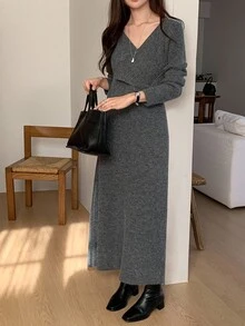 DAZY 女士纯色休闲二合一韩版针织毛衣裙，秋冬 - 灰色 - 查看 2