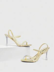 CUCCOO SZL Gold Metal PU Elastic Strap Fashionable Sexy Round Toe Glass Heel High Heel Sandals