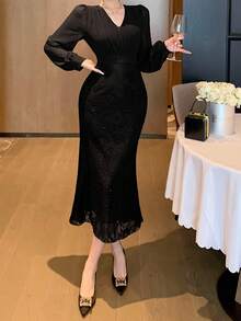 DAZY Women's V-Neck Lace Patchwork Waist Fishtail Hem Maxi Elegant Dress Prom Dress