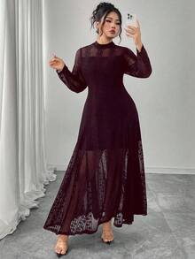 Modelyn Knit Contrast Mesh Sheer Flowy Elegant Romantic Fashion Dress, Long Sleeve, Black, Plus Size - Red Violet - View 4