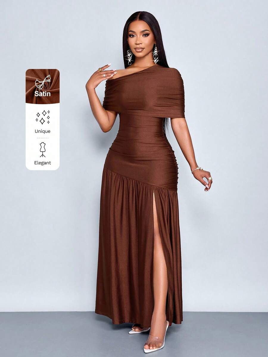 SOLERSUN 春夏女装性感派对休闲度假棕色亮面面料单肩聚拢露肩领前开衩褶边针织长裙 - 咖啡棕 - 查看 1