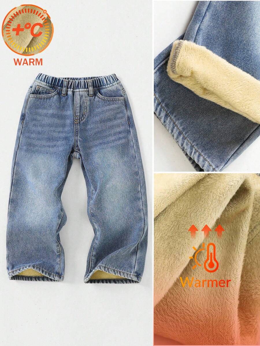 SHEIN Young Boy Casual Soft Distressed Fashionable Stonewashed Thermal Lined Loose Fit Baggy Jeans,Casual And Versatile For Fall/Winter Dailywear And Streetwear Costume,For Halloween And Christmas,Jeans,Jeans,Winter Jeans - Medium Wash - View 1