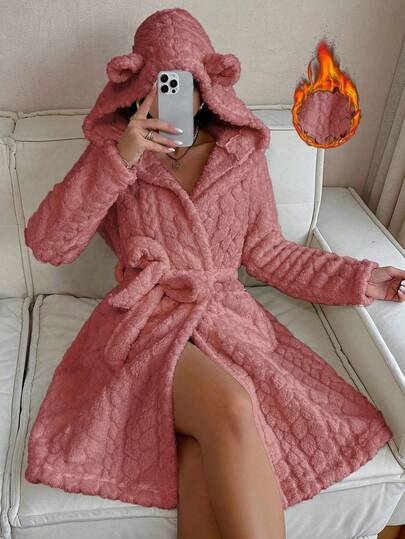 SHEIN Plush Jacquard 3D Animal Ear Hooded Belted Robe, For Fall Winter, Fluffy, Cozy