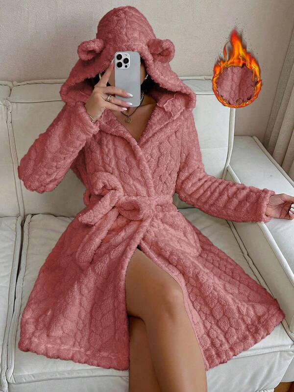 SHEIN Plush Jacquard 3D Animal Ear Hooded Belted Robe, For Fall Winter, Fluffy, Cozy