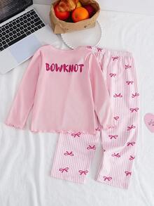 Genkimix Kids 女童蝴蝶结字母印花粉色长袖上衣和蝴蝶条纹印花裤两件套睡衣套装 - 粉色 - 查看 2