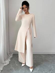 Elenzga Bộ 2 áo dài tay cài nút phía trước màu trơn và quần dài thanh lịch - Màu be - Xem 6