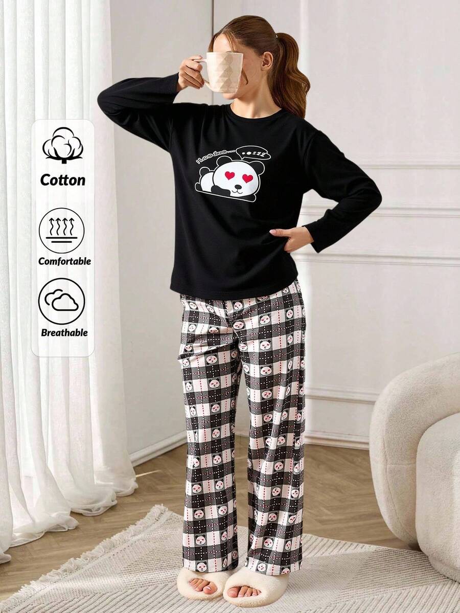 EURMUSE Cotton Cartoon Panda And Slogan Graphic Long Sleeved Shirt & Pants Homewear Pajama Set 100 Percent Cotton Pajamas Comfy Pajamas Set Sleep Wear Women Set Cartoon Pajamas Women Pajama Sets For Women - Black - View 1