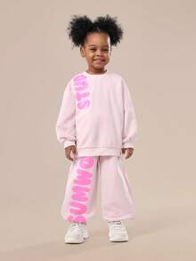 SUMWON Girls Two Piece Sweatshirt Sweatpants Wear Set Cozy Matching Winter Casual Streetwear Drawstring Elastic Ankle Kids Fashion Outfit - Baby Pink - View 1