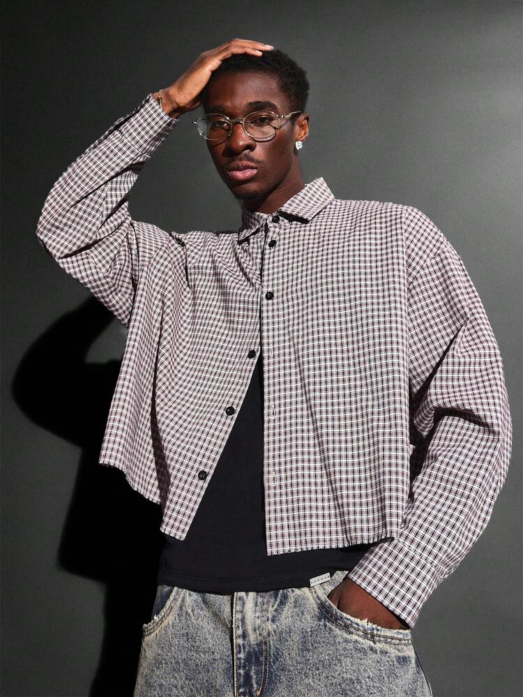 Boxy Crop Checked Cotton Shirt With Racing Graphics