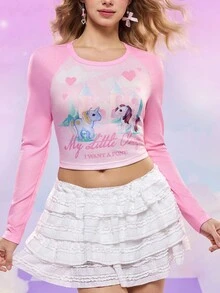 My Little Pony X SHEIN 女式卡通与心形印花修身圆领长袖T恤女式短款上衣短款上衣 Fairycore 上衣长袖短款上衣女式短款上衣图案 - 彩色 - 查看 8