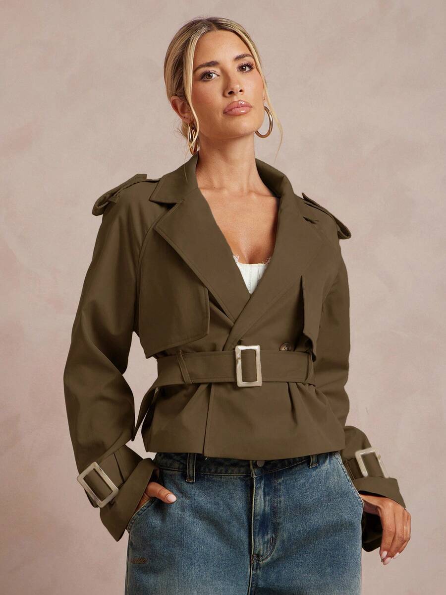 Lumalex Áo khoác trench coat ngắn màu trơn có thắt lưng dành cho nữ mùa thu đông - Cà phê nâu - Xem 1