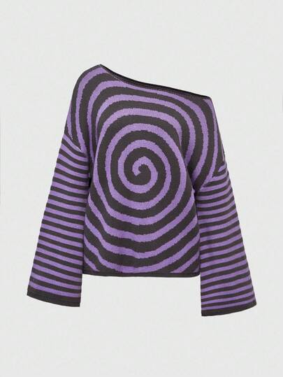 Fairycore Damen mysteriöser Kreis schwarz & lila gestreifter Jacquard Pullover