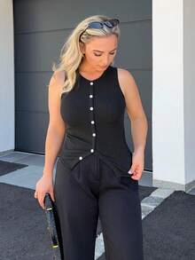 Jeta Ari Women Casual Slim Ribbed Split Back Camisole - Black - View 1