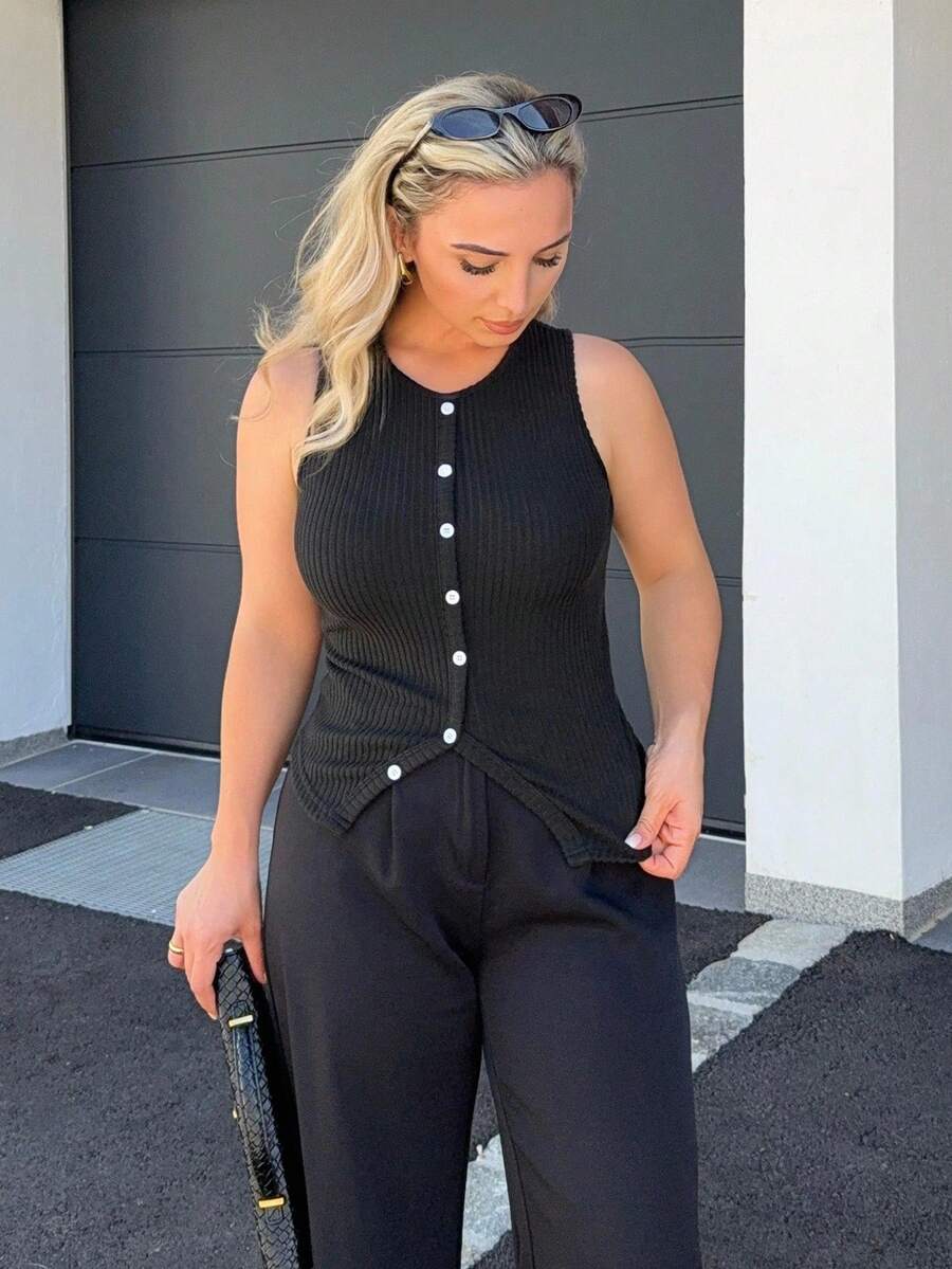 Jeta Ari Women Casual Slim Ribbed Split Back Camisole - Black - View 1