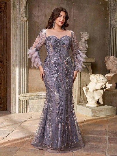 Aureia 秋冬季大码优雅浪漫华丽灰紫色亮片刺绣心形领口长袖仿羽毛拼接修身鱼尾连衣裙，带小拖尾，适合晚宴、单身派对、约会、舞会、假日、婚礼、晚宴等场合（做工精细），情人节