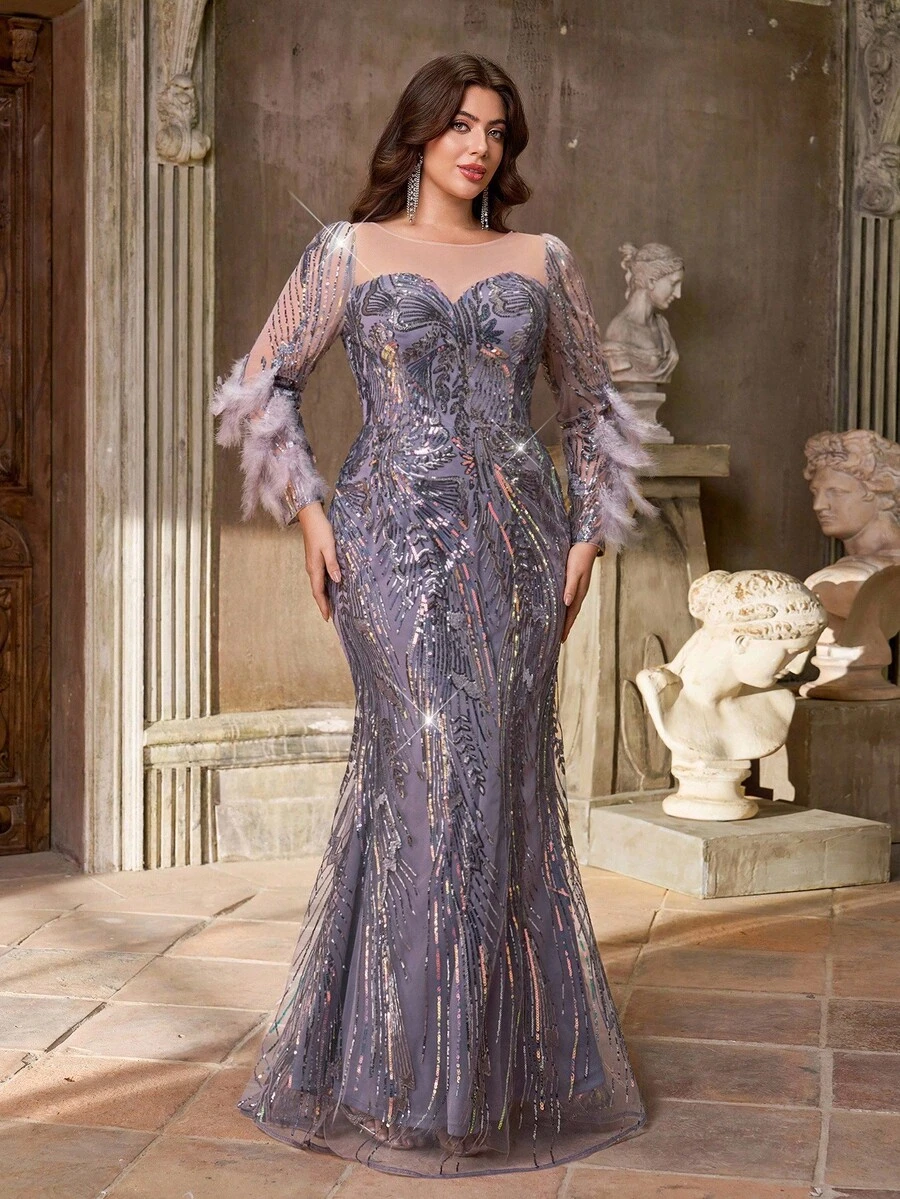 Aureia 秋冬季大码优雅浪漫华丽灰紫色亮片刺绣心形领口长袖仿羽毛拼接修身鱼尾连衣裙，带小拖尾，适合晚宴、单身派对、约会、舞会、假日、婚礼、晚宴等场合（做工精细），情人节