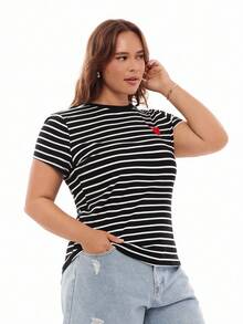 Solavibe Plus Striped Heart Embroidery Detail Tee, Summer/Valentine's Day - Black - View 4