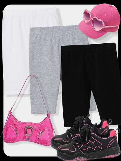 شورتات البايكر للفتاة الصغيرة ذات 3 قطع مع خصر مرن وثابت