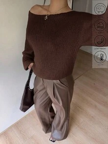Serisse Fall Women Clothes Off The Shoulder Sweater Women's Casual Solid Color Fluffy Knit Sweater With Blend, Drop Shoulder Ribbed Knit Top For Business Casual, Teacher, Daily, Commute, Outing, 2025 New Autumn Fashion Must - Have, Fall Outfits For Women,Brown Top,Fall,Fall Clothes For Women Winter
