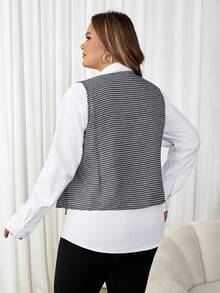 SHEIN CURVE+ 大码千鸟格无袖休闲衬衫 - 黑與白 - 查看 2