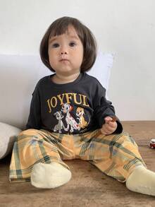 DAZY Conjunto de 2 piezas de pijama para niñas bebé con camiseta de manga corta con estampado de dibujos animados + pantalones holgados casuales a cuadros