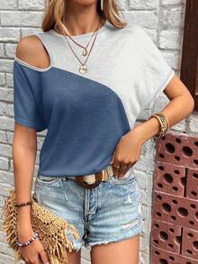 SHEIN Clasi Blusa casual de manga corta con parches de unicolor, para uso diario - Azul Marino - Ver 6