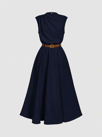 SHEIN MOD Women's Solid Color Sleeveless Dress (With Belt), Back To School Season,Dresses For Women Elegant