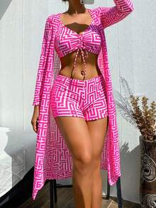 Swim Lushoire Women's 3pcs Beach Summer Outfits Set: Swimsuit + Random Printed Cover-Up - Hot Pink - View 3