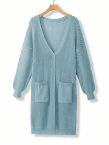 Calvaya Plus Size Women Loose Casual Drop Shoulder Lantern Sleeve Knitted Cardigan, Black Jacquard Pattern, Mid-Length, Versatile Daily Wear - Dusty Blue - View 1