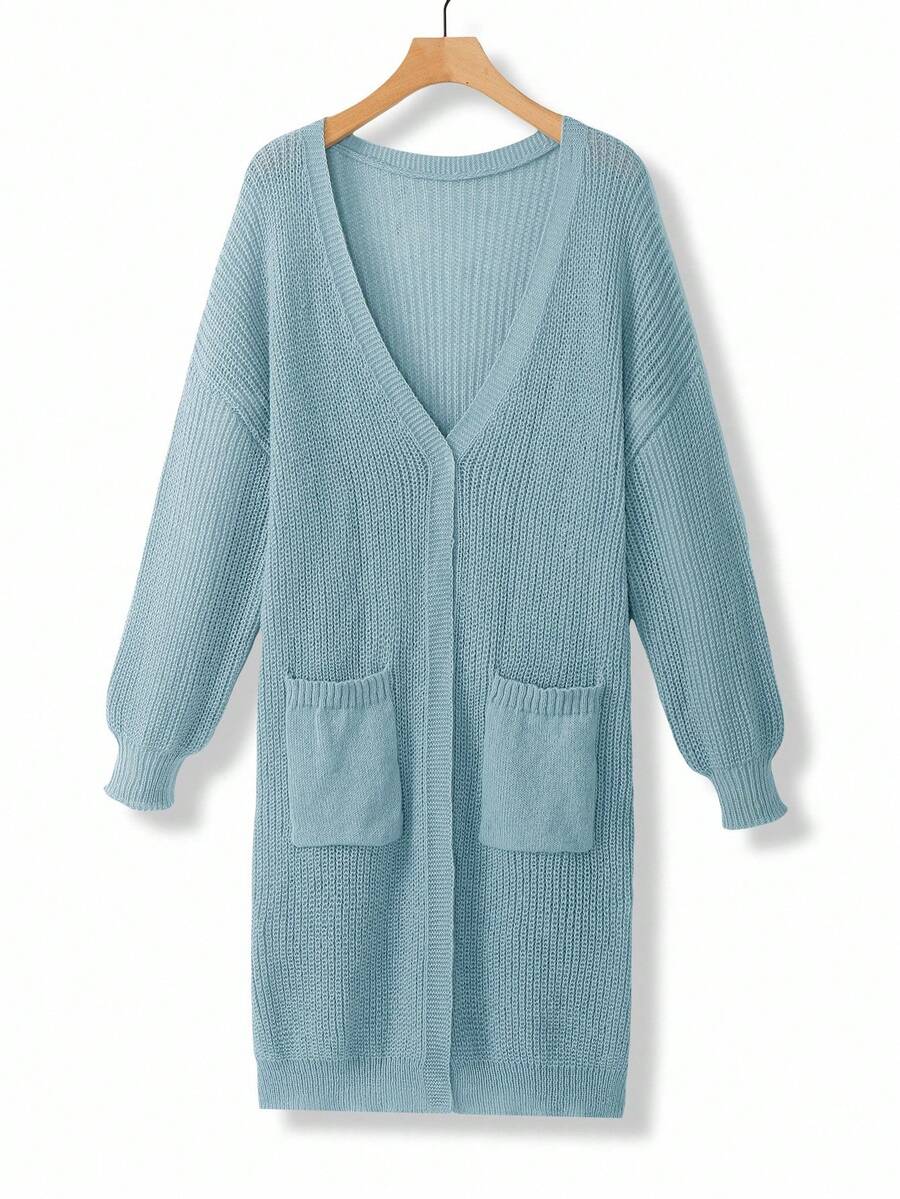 Calvaya Plus Size Women Loose Casual Drop Shoulder Lantern Sleeve Knitted Cardigan, Black Jacquard Pattern, Mid-Length, Versatile Daily Wear - Dusty Blue - View 1